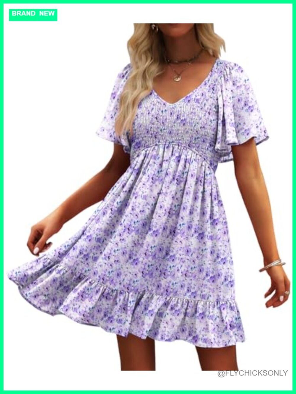 Floral Smocked V-Neck Casual Summer Sun Dress with Pockets